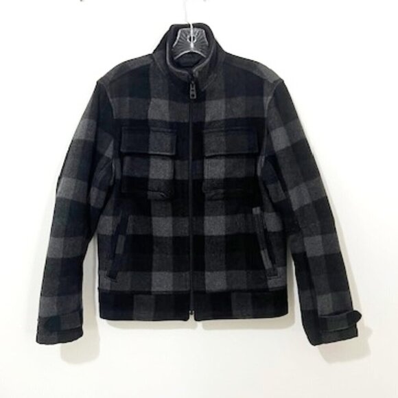 GAP Wool Blend Black & Gray Plaid Insulated Full Zip Jacket Coat Y2K Size XS - Picture 1 of 9